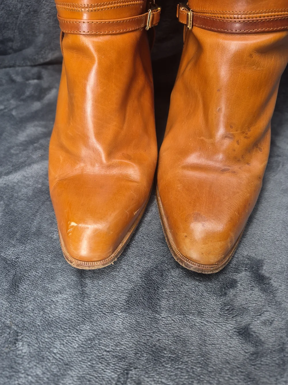 Vtg Cognac Brown Leather Classic Knee High Boots Ankle Strap Gold Tone 7.5
